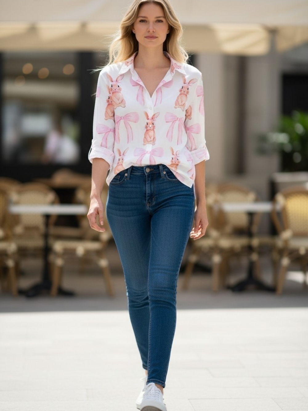 Women’s White Blouse with Pink Bunny Print